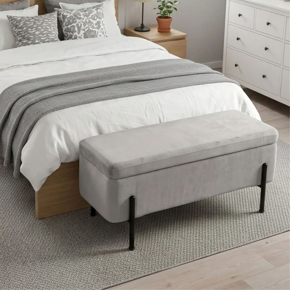 Banc coffre 2 places en velours et piétement noir gris clair - Maisons du Monde
