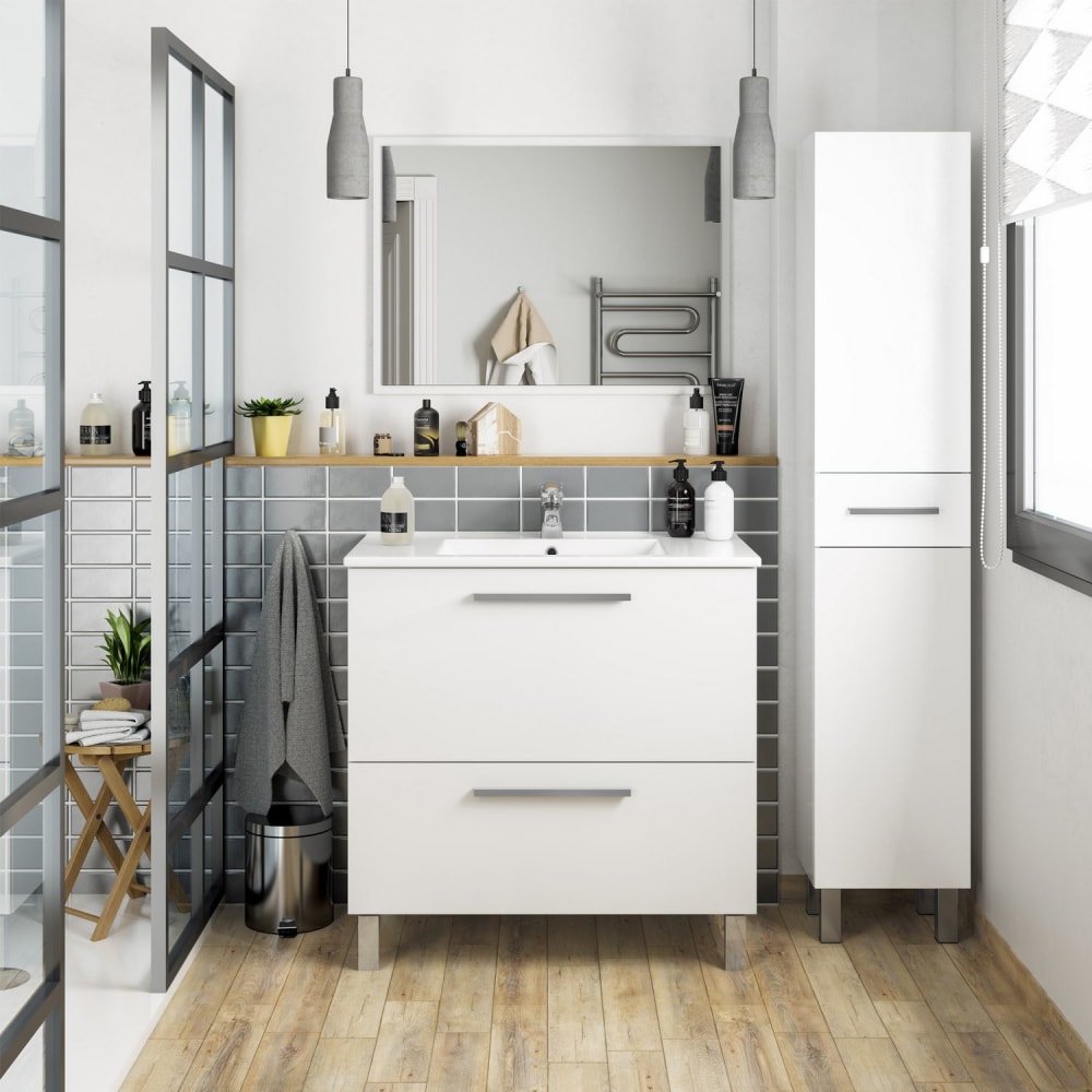 Mueble de baño 1 cajón 1 puerta con espejo, con lavabo cerámico, 80 cm - Maisons du Monde
