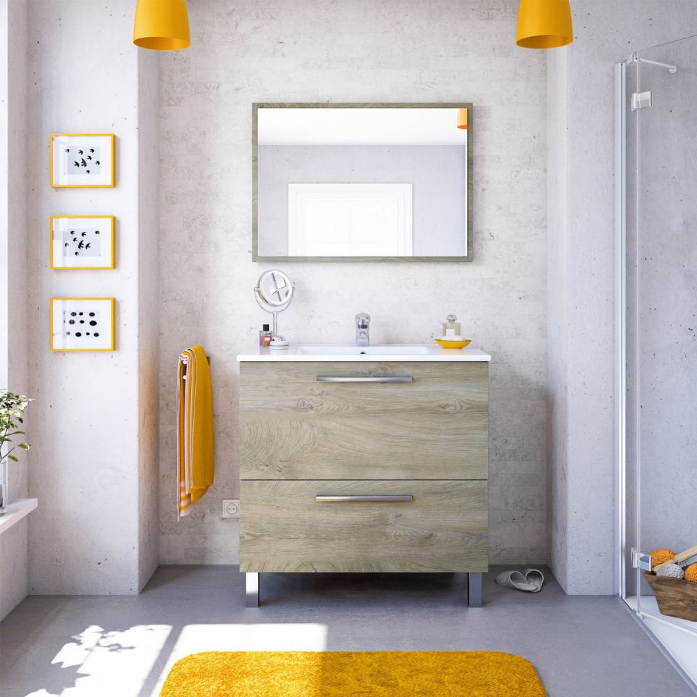 Mueble de baño 1 cajón 1 puerta con espejo, con lavabo cerámico, 80 cm - Maisons du Monde