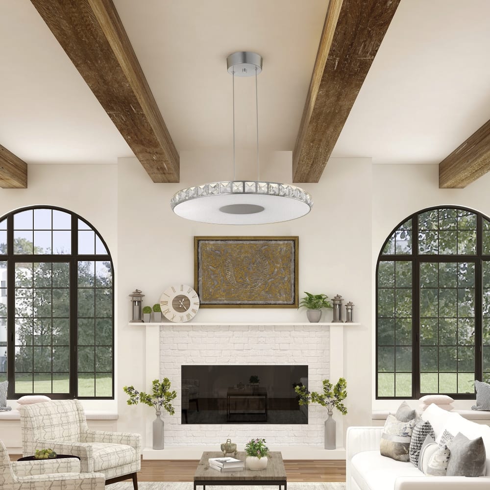 Lámpara colgante led redonda con efecto estrellado y cristales, blanco - Maisons du Monde
