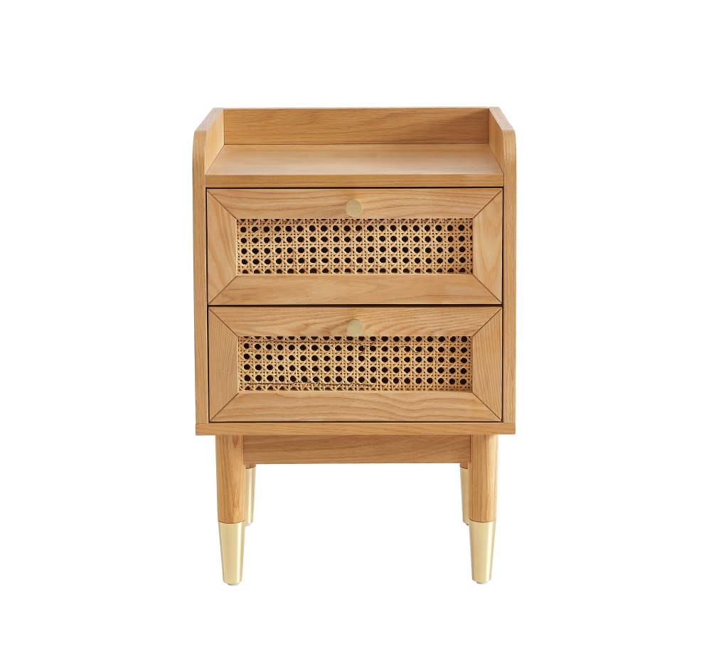 Table de chevet placage chêne et cannage rotin