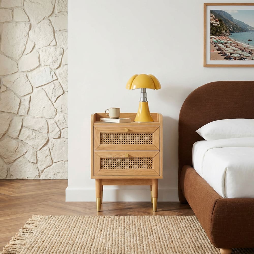 Table de chevet placage chêne et cannage rotin