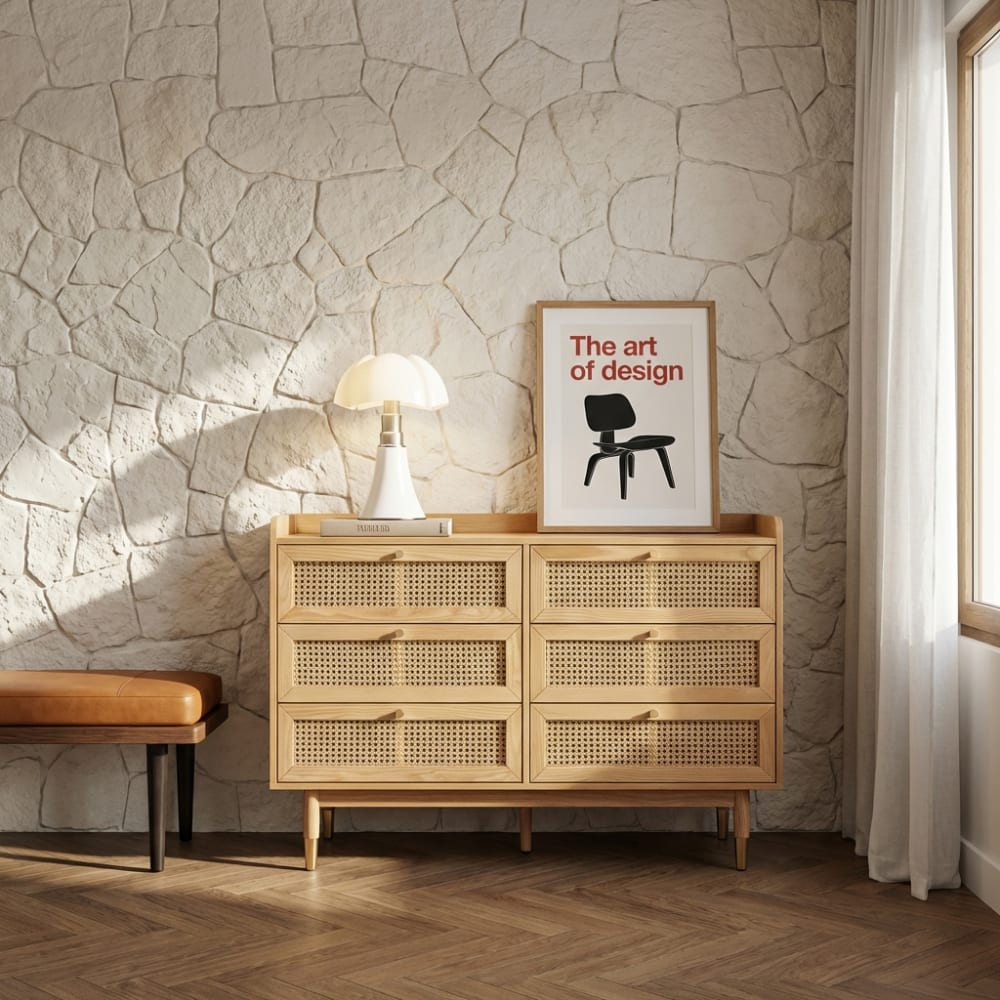 Commode placage chêne et cannage rotin 6 tiroirs 120cm