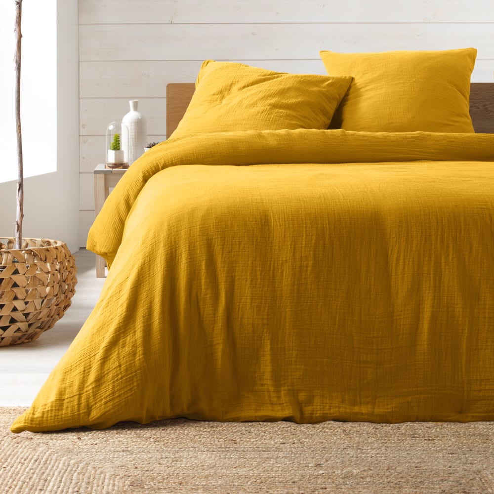 Housse de couette double unie 100 % Coton Jaune 240 x 220 cm