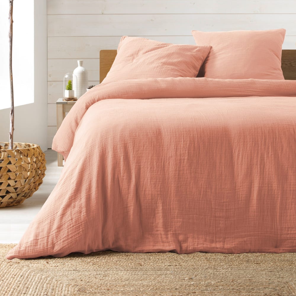 Housse de couette double unie 100 % coton rose clair 240 x 220 cm