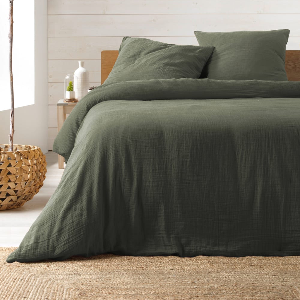 Housse de couette double uni 100 % coton vert kaki 240 x 220 cm
