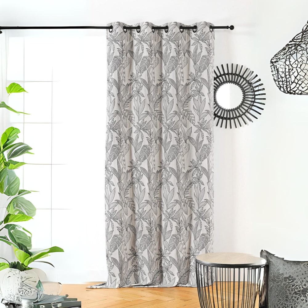Rideau aux feuilles stylisées polyester/jacquard beige 140x260 cm