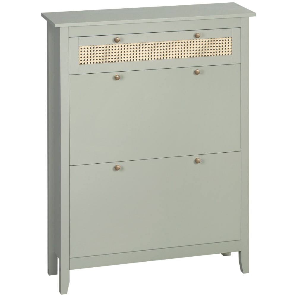 Meuble à chaussures style bohème chic vert d'eau aspect rotin