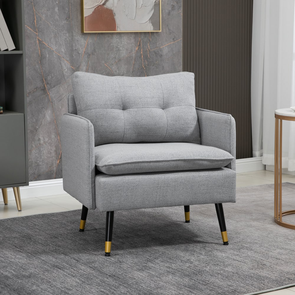 Fauteuil style art-déco effet capitonné métal noir doré tissu gris
