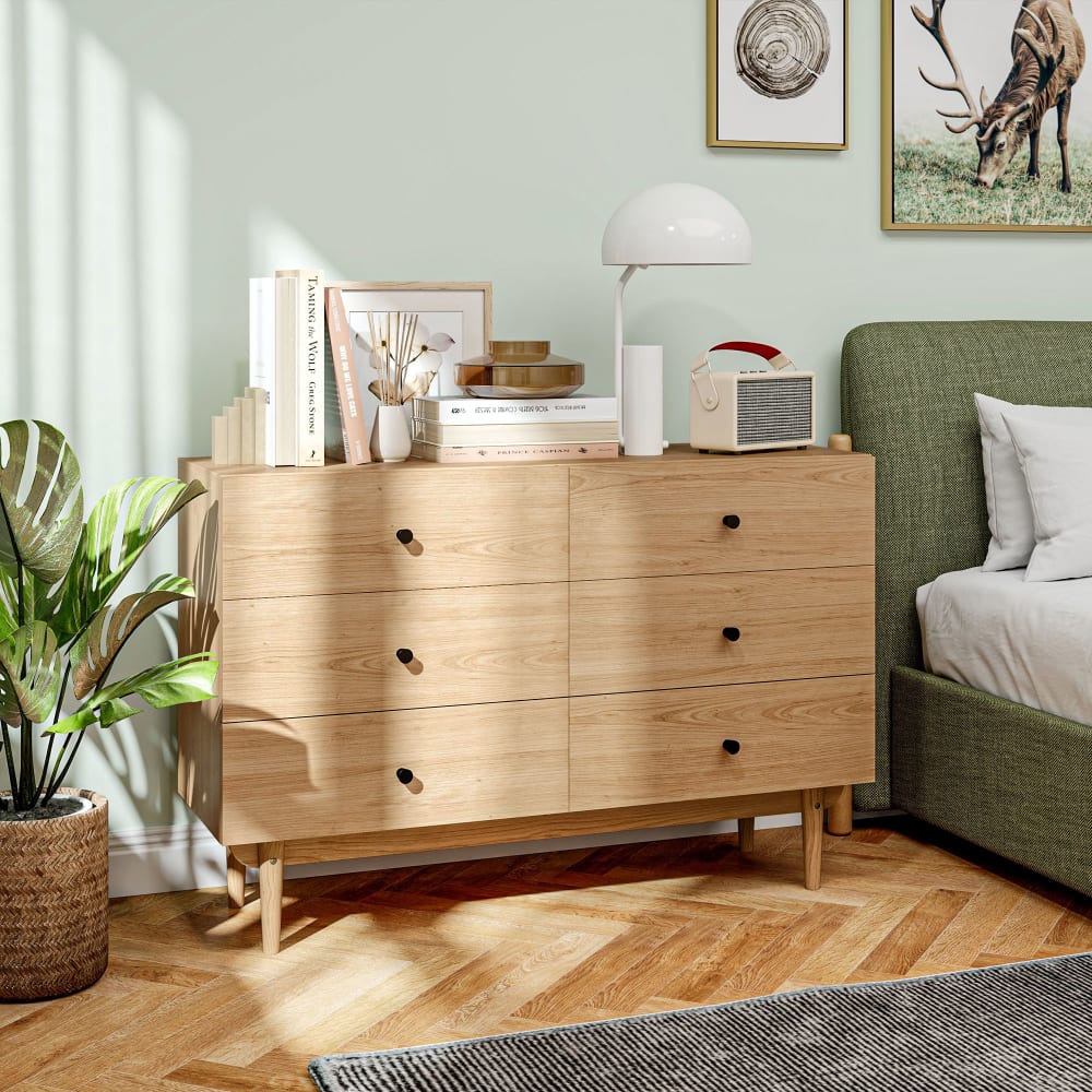 Commode vintage 6 tiroirs piètement bois de pin aspect bois de teck