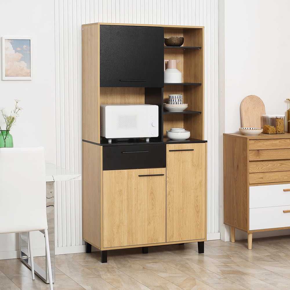 Buffet haut 3 portes tiroir 5 niches bicolore aspect bois clair noir - Maisons du Monde