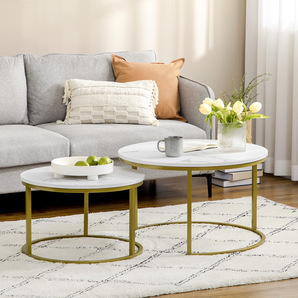 Lot de 2 tables gigognes art déco acier doré effet marbre blanc - Maisons du Monde