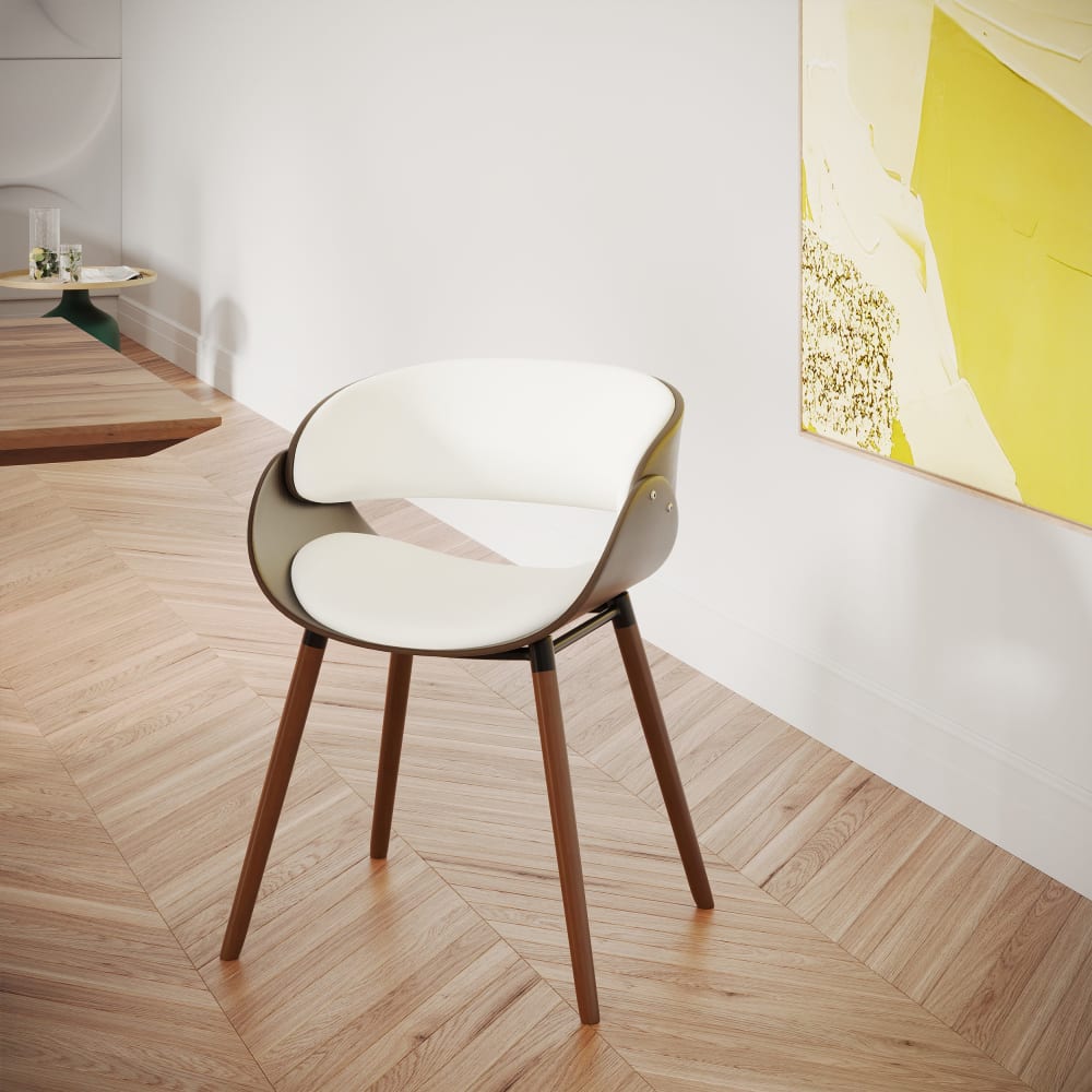 Chaise en cuir synthétique blanc et bois plaqué noyer