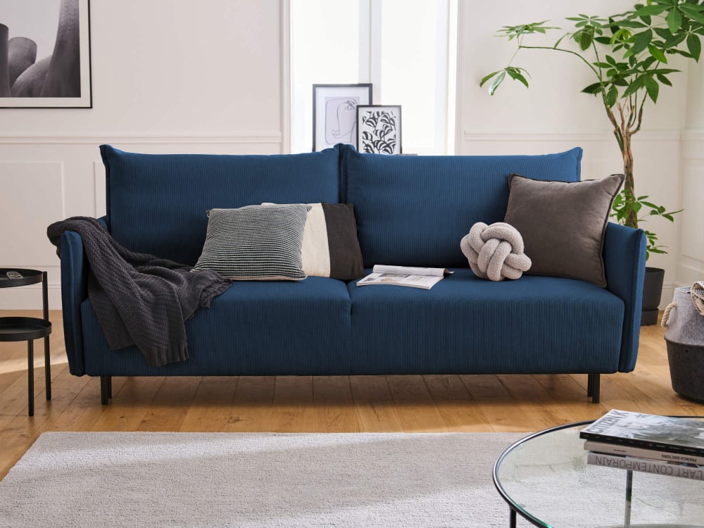 Canapé droit convertible 3 places en velours côtelé bleu ardoise