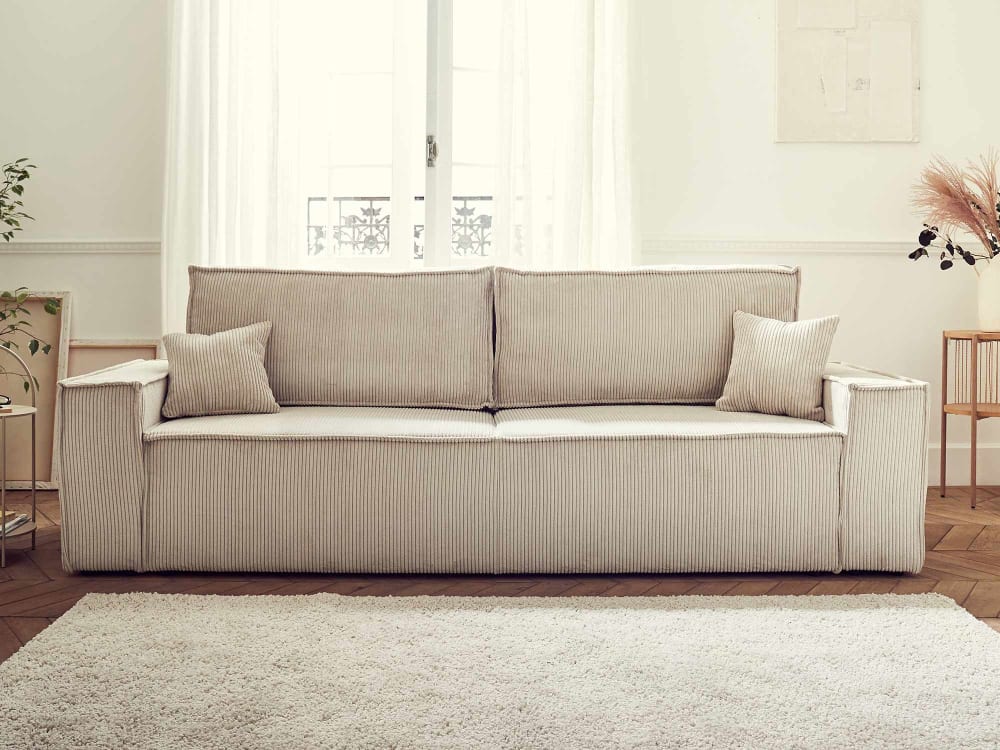 Canapé droit convertible 3 places en velours côtelé beige - Maisons du Monde