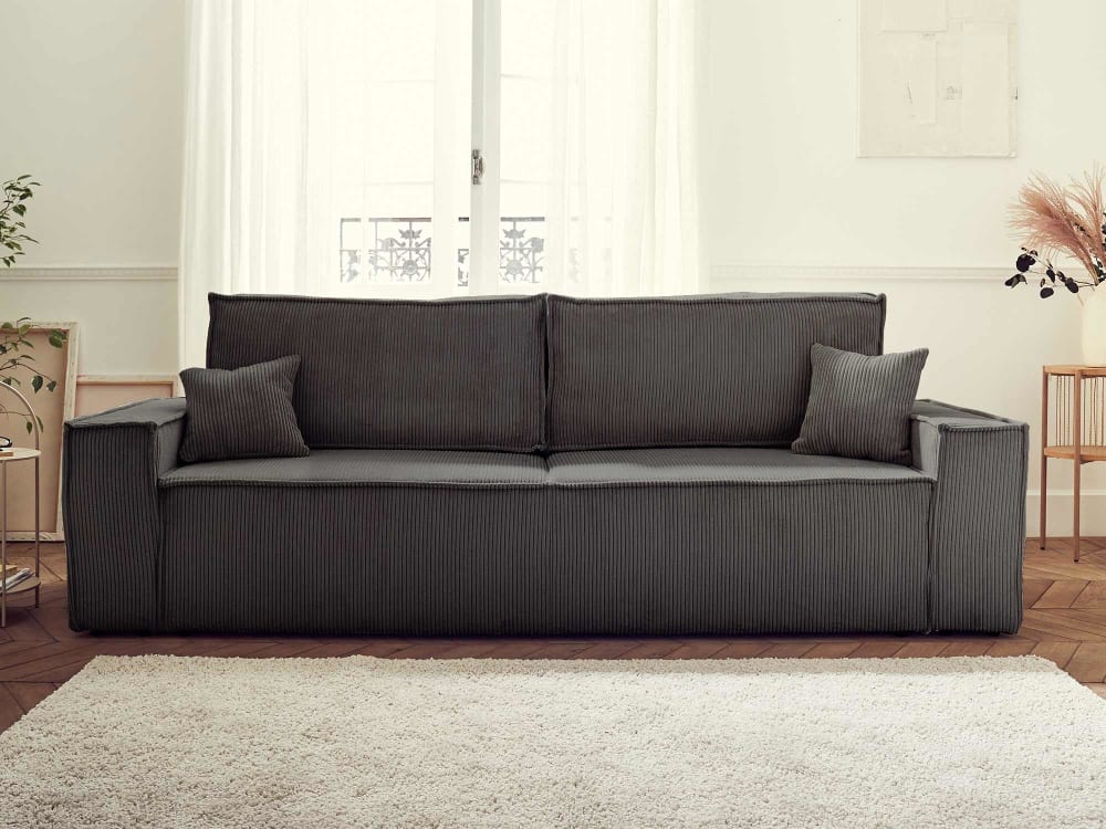 Canapé droit convertible 3 places en velours côtelé gris foncé - Maisons du Monde
