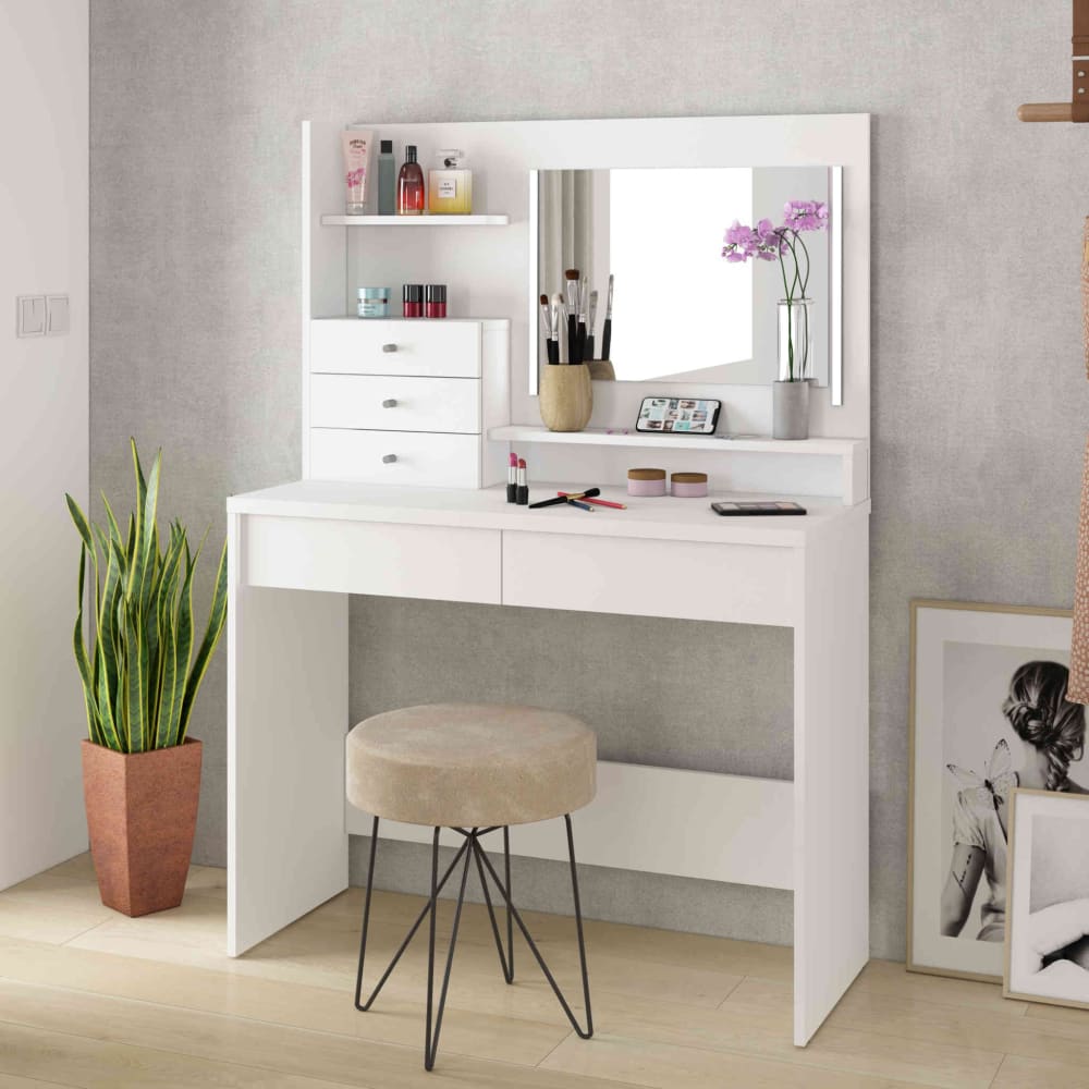 Coiffeuse 3 tiroirs avec miroir effet bois, blanc