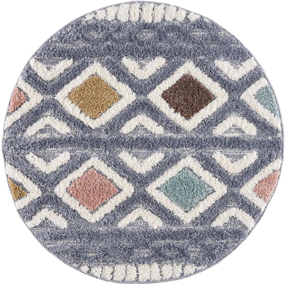 Tapis rond à poils longs et relief multicolore 120x120cm