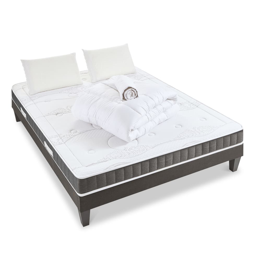 Pack    Matelas + Sommier Bois + Accessoires 140x200 cm