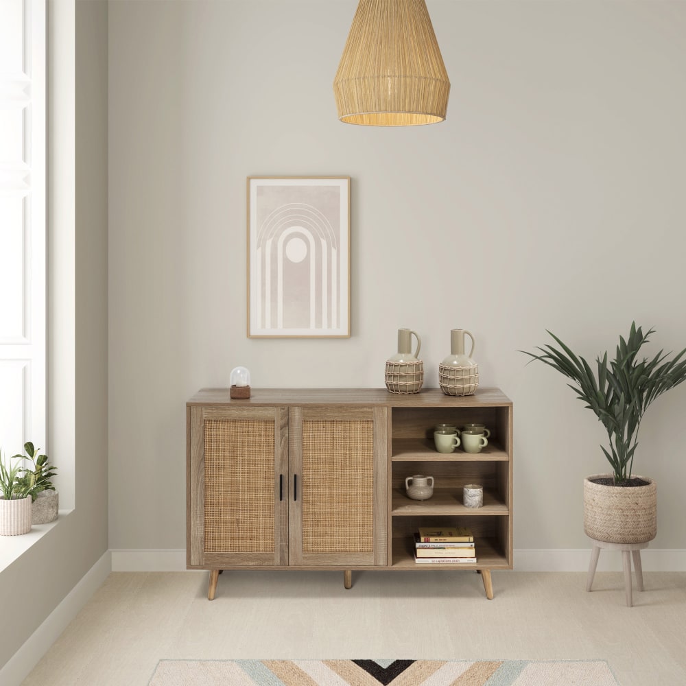 Buffet 2 portes et 3 niches couleur chêne, 120 cm largeur
