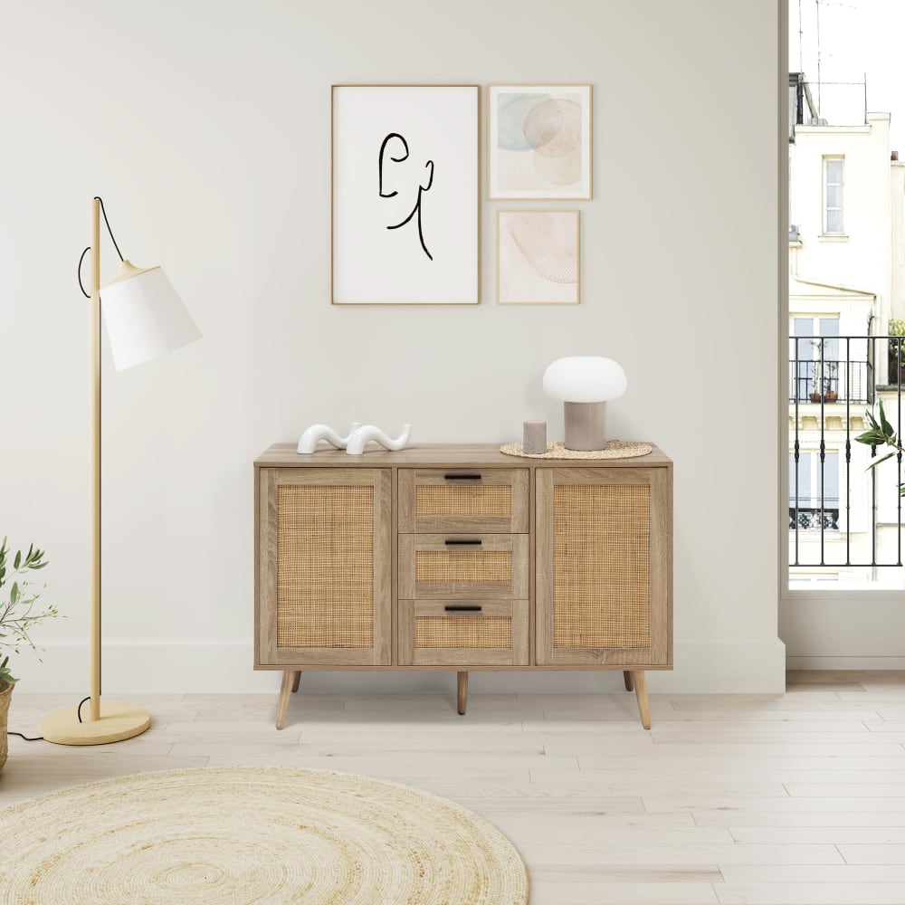 Buffet 3 tiroir et 2 portes couleur chêne, 120 cm largeur