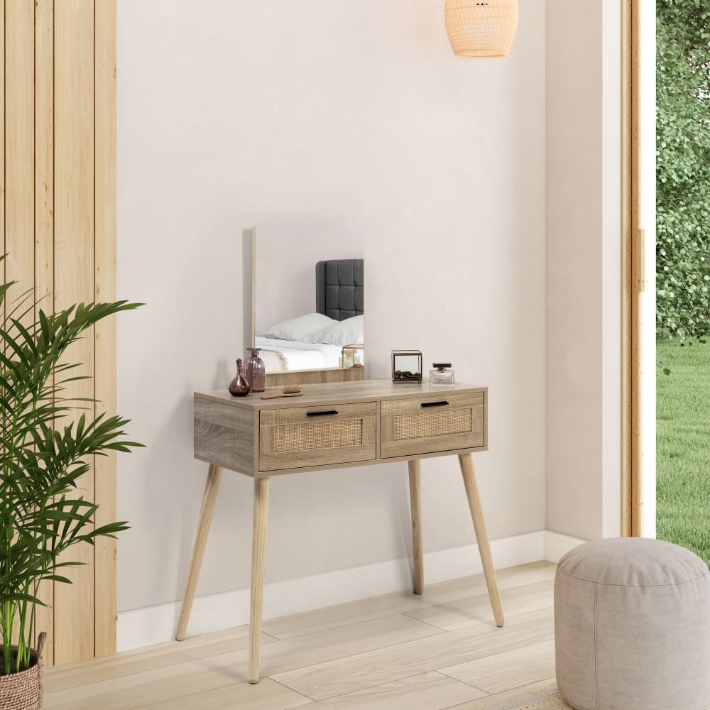 Meuble d'entrée 2 tiroir et miroir, couleur chêne, 90 cm largeur