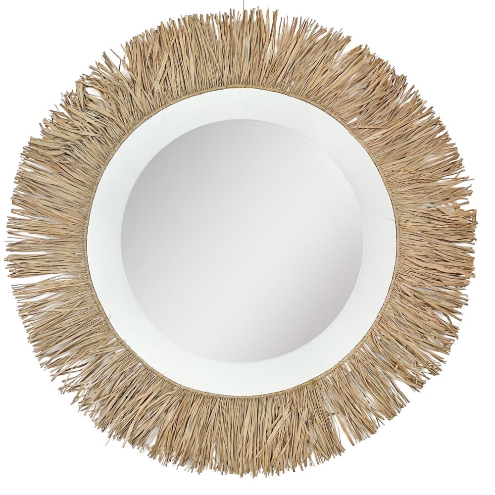 Miroir décoratif en bois blanc et franges en raphia 65 cm