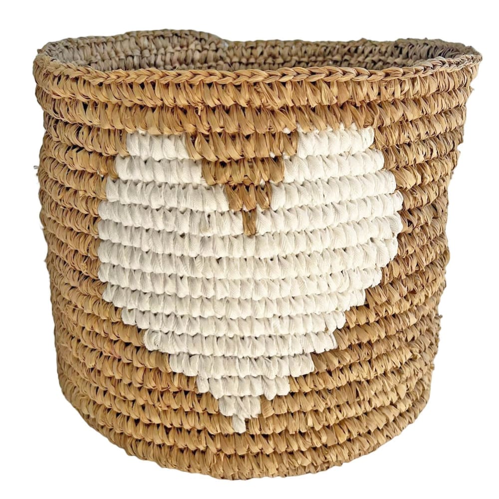 Cesta de rafia y algodón blanco con corazón d.25cm