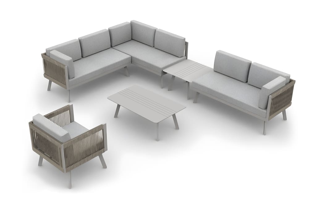 Salon de jardin d'angle 7 places en aluminium et corde