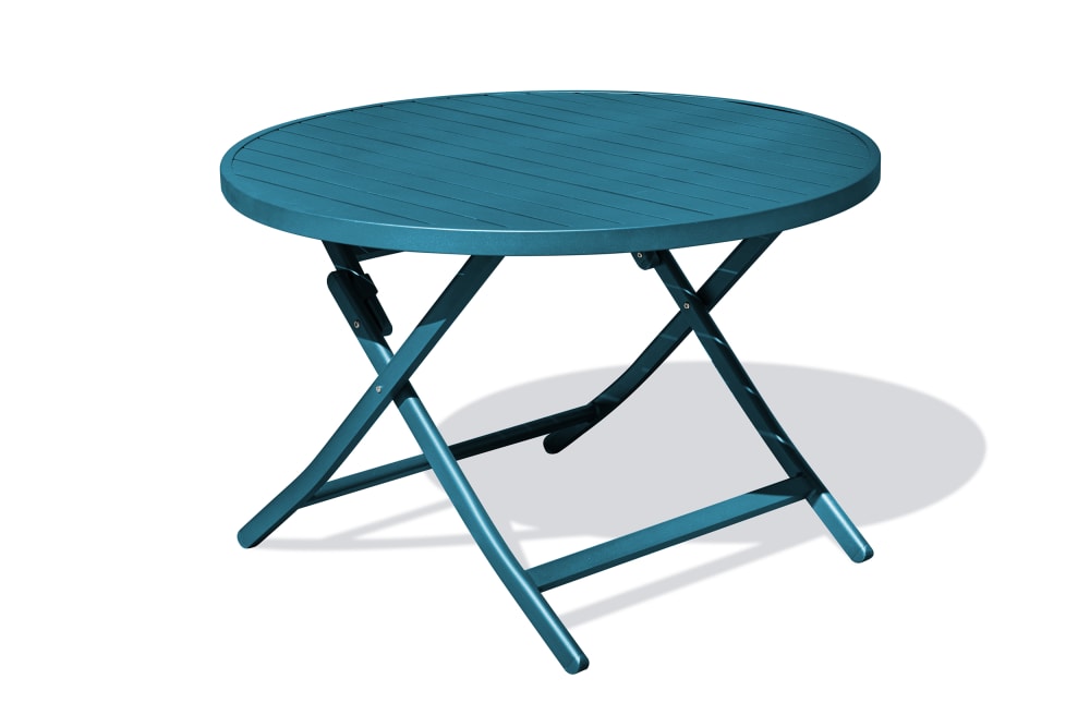 Table de jardin ronde pliante en aluminium bleu canard