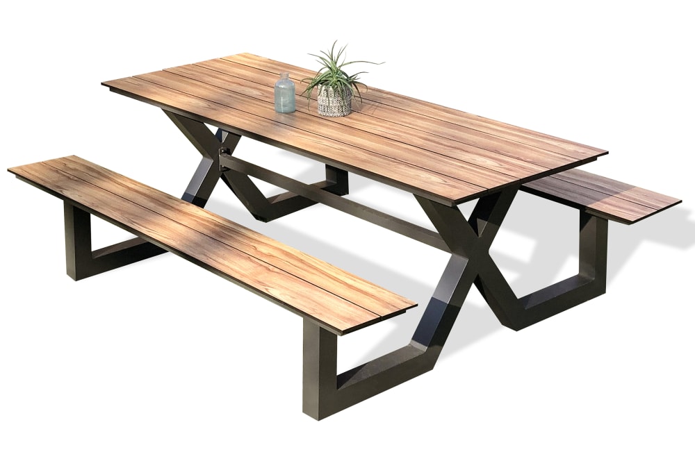 Table de jardin en aluminium et plateau HPL effet bois