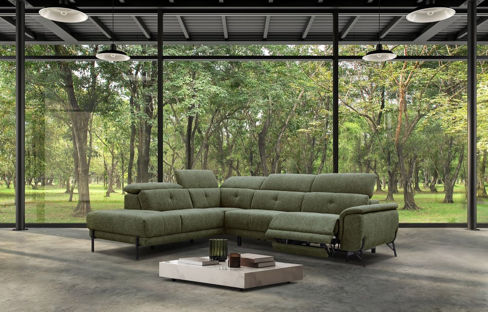 Canapé d'angle gauche 5 places avec une relax électrique tissu vert