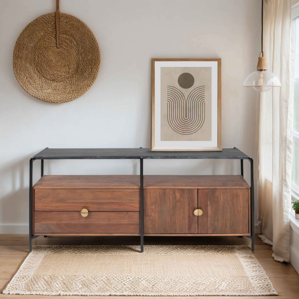 TV-Möbel aus Marmor mit Massivholz-Aufbewahrung aus Akazie 152 cm