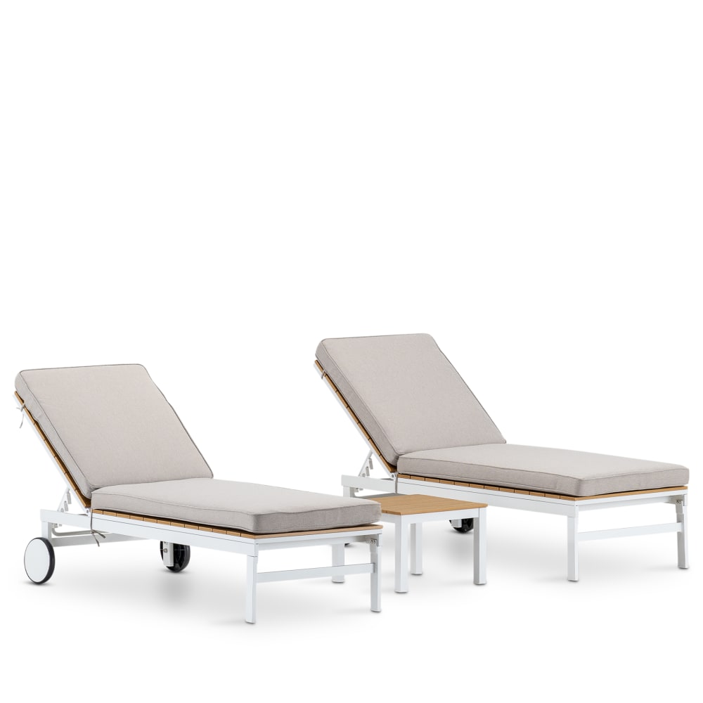 Lot de 2 bains de soleil à roulettes + table d'appoint