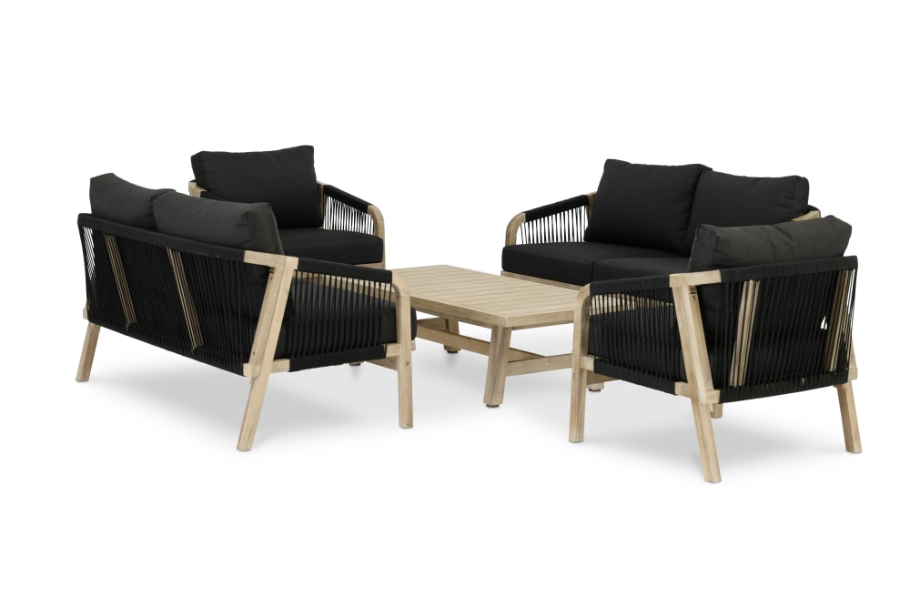 Defora Home 6-Sitzer-Gartenset aus hellem Holz und schwarzem Seil Öko-Tex Zertifikat - Holz