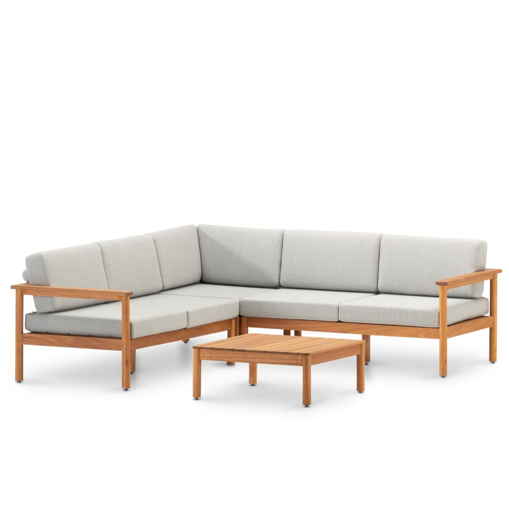 Salon de jardin d'angle en bois et coussins gris