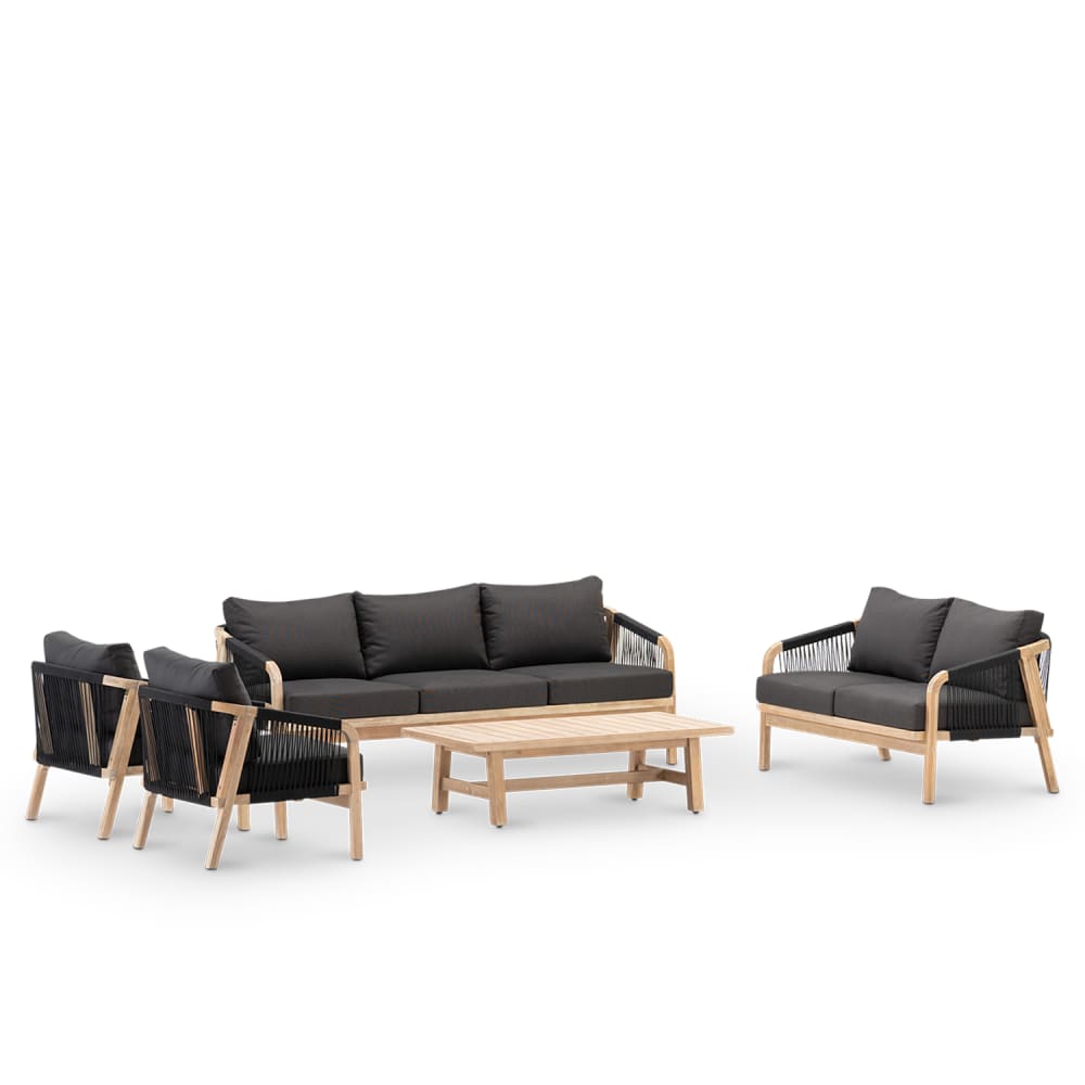 Salon de jardin 7 places acacia clair et corde noir