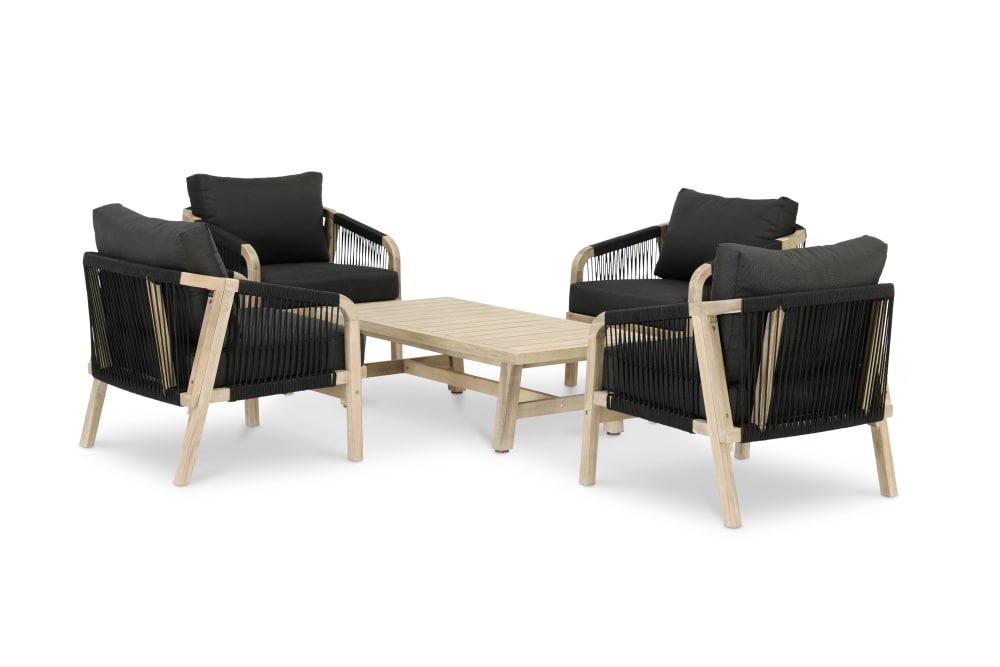 Salon de jardin 4 places acacia clair et corde noir