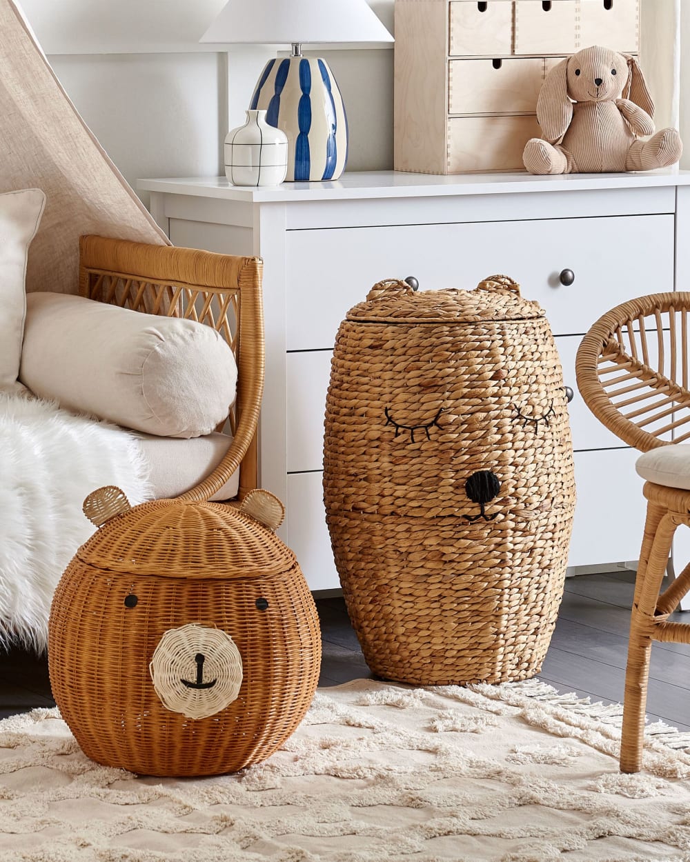 Panier enfants ours en peluche rotin naturel