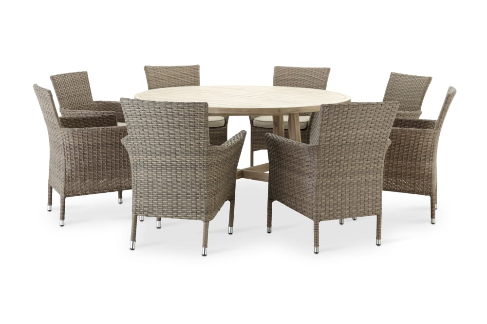 Defora Home Esszimmergarnitur runder Holztisch 150 und 8 Stühle style landhaus Braun Rattan