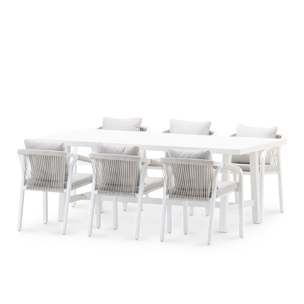 Salon de jardin en aluminium blanc et corde 6 places