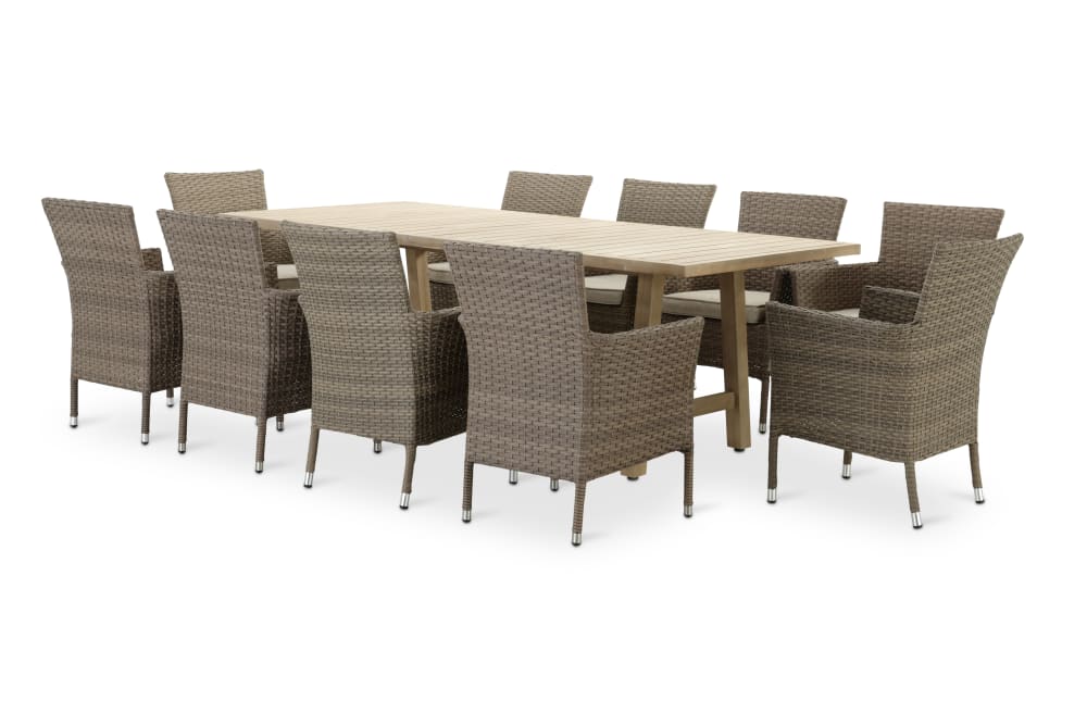 Ensemble jardin table en bois 230x100 et 10 chaises
