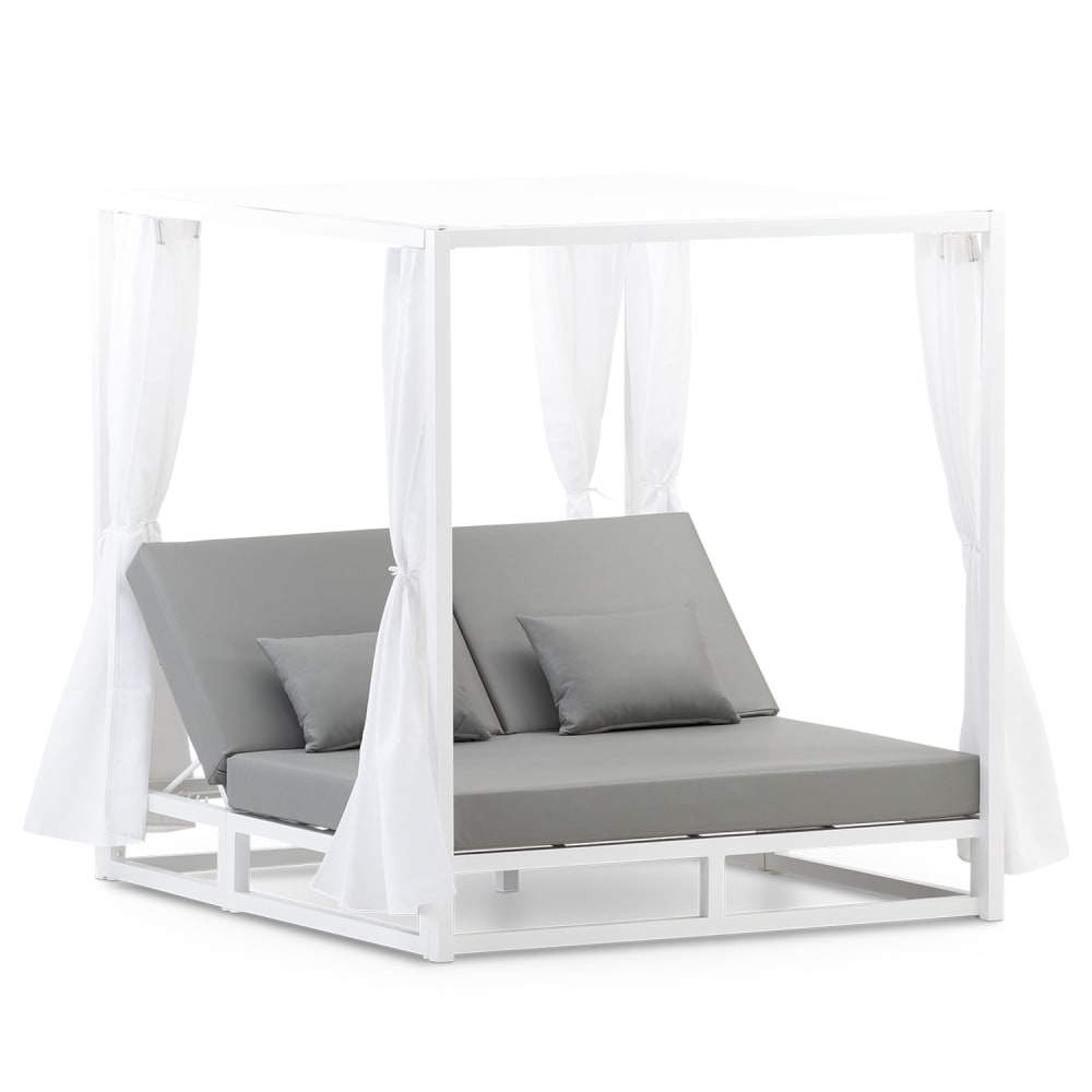Lit balinais en aluminium blanc avec coussins gris