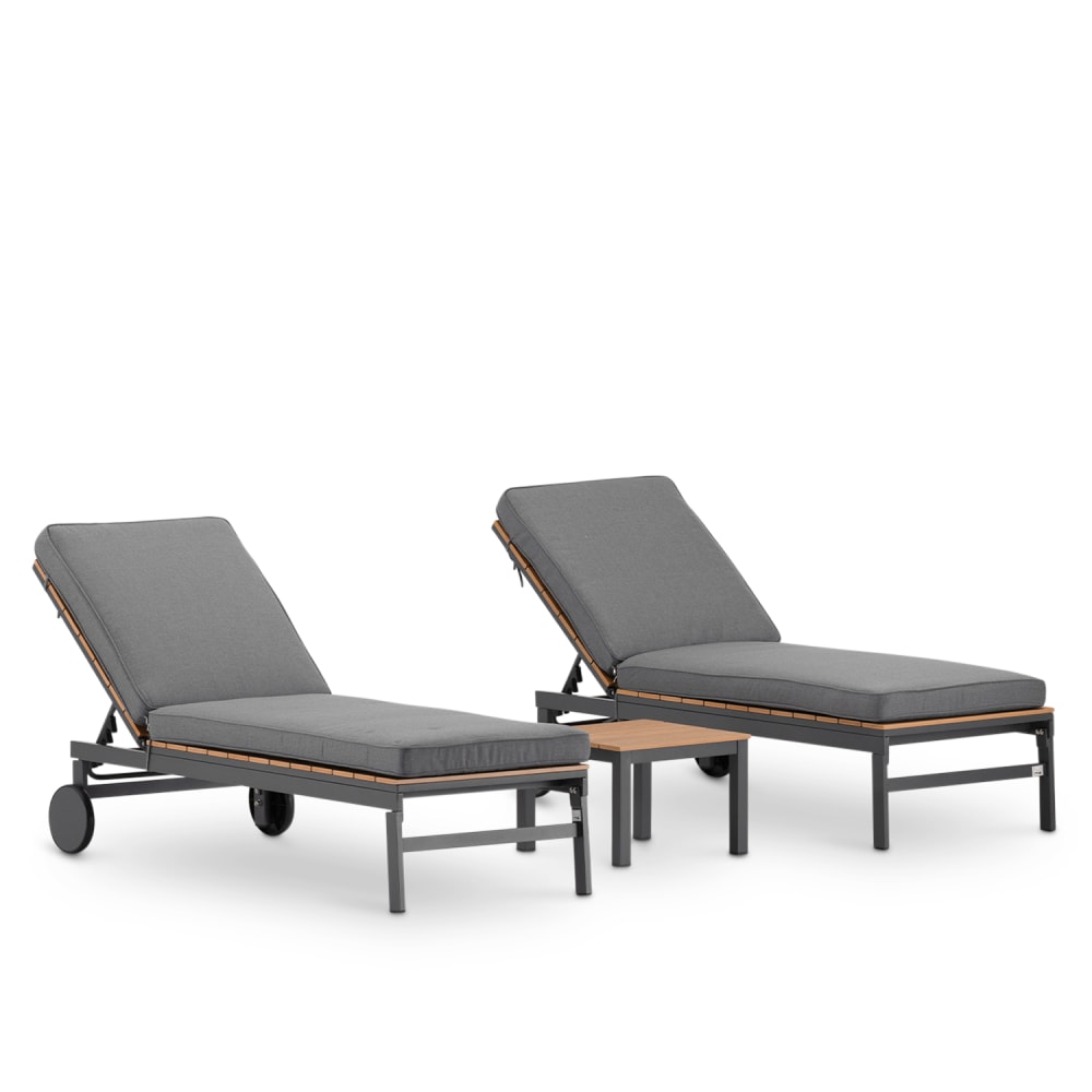 Defora Home Set aus 2 Liegestühlen mit Kissen + Beistelltisch Grau Aluminium