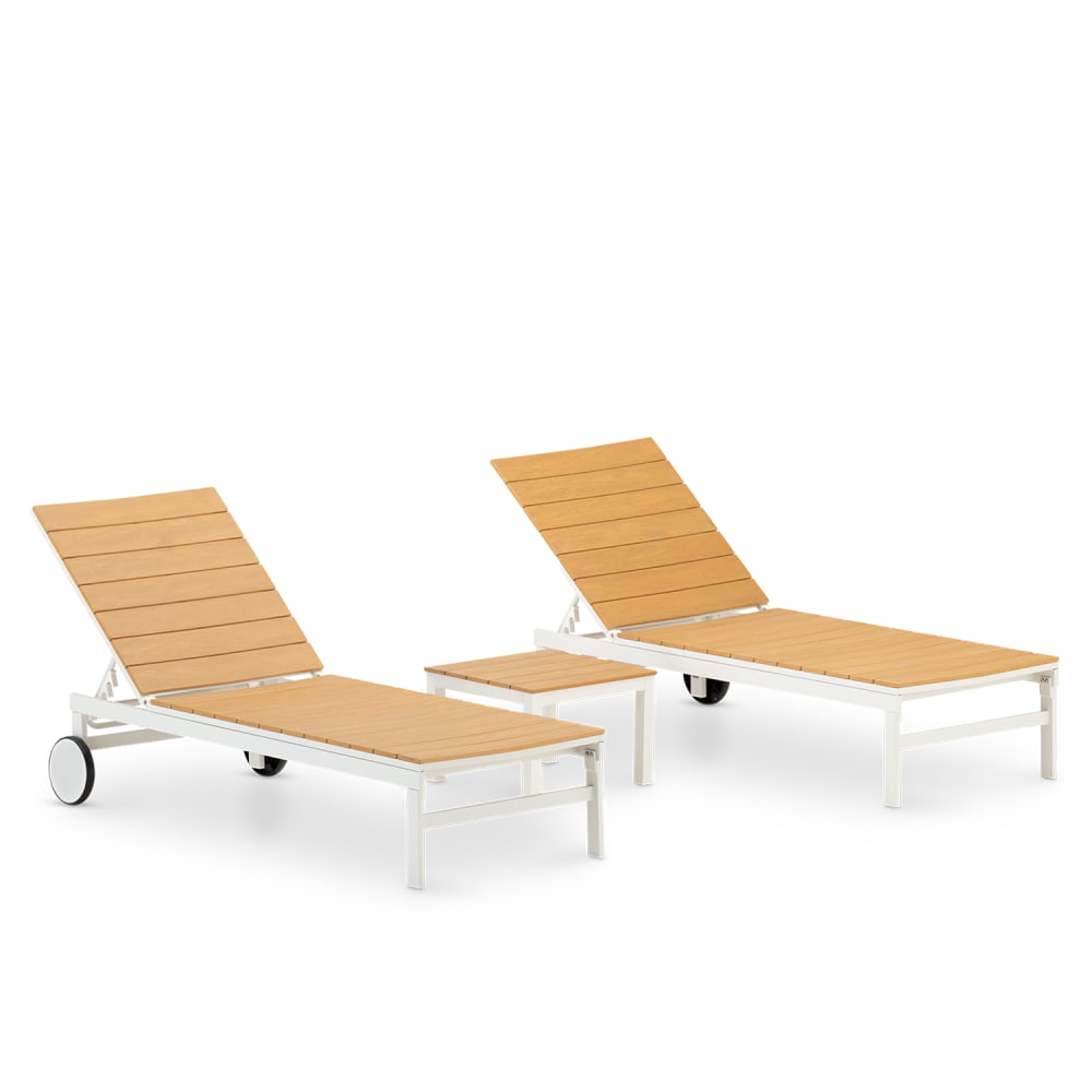Set di 2 lettini prendisole con ruote + tavolino - Bianco - Alluminio