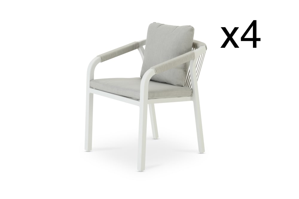 Pack de 4 sillas de comedor alu blanco y cuerda con cojín beige