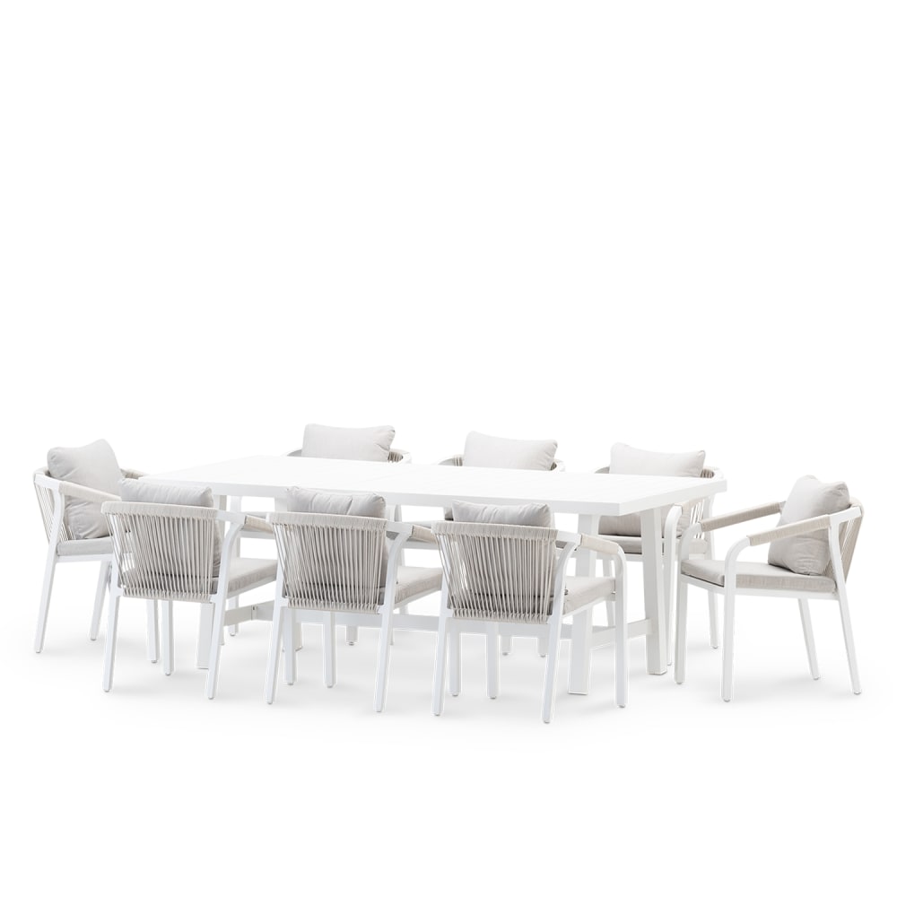 Salon de jardin en aluminium blanc et corde 8 places