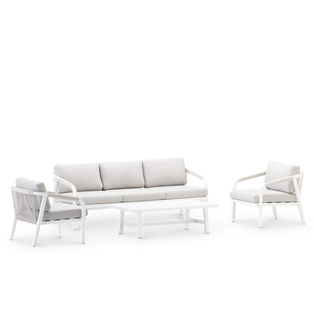Salon de jardin 5 places aluminium blanc et corde