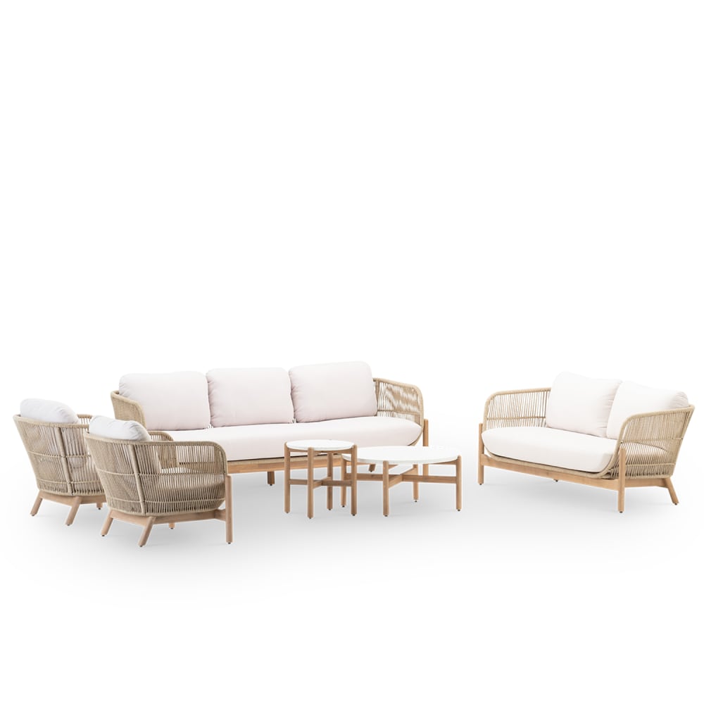 Salon de jardin 7 places en bois et corde beige et 2 tables
