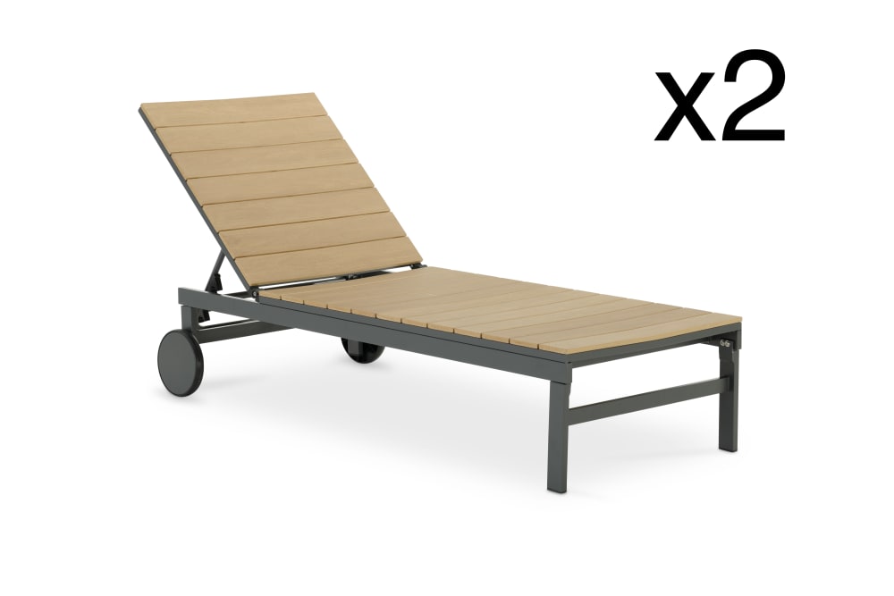 Lot de 2 bains de soleil aluminium et polywood imitation bois